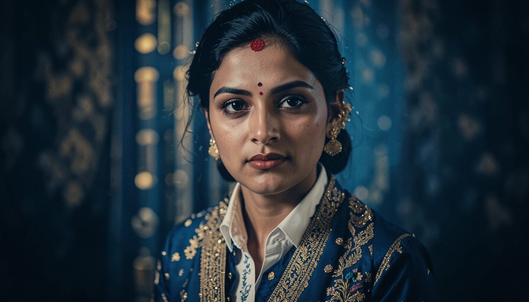 Cinematic still with deep blue and muted gold tones, Bollywood film atmosphere