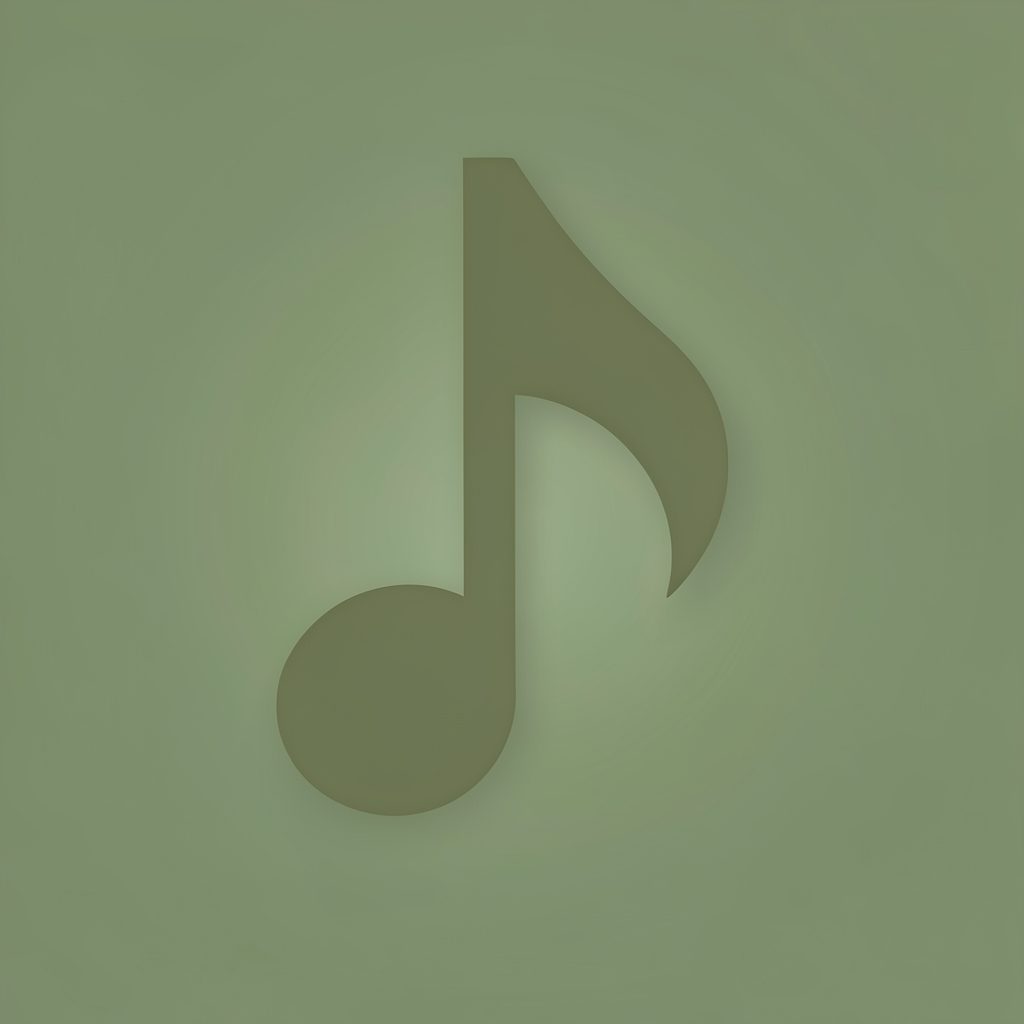 Soft abstract musical note silhouette in muted olive green, blending into the green background with a gentle decorative feel