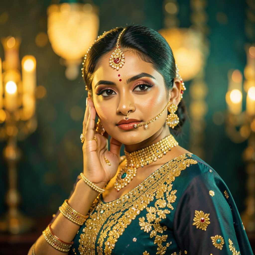 Rich golden and teal tones with a cinematic Bollywood-inspired glow